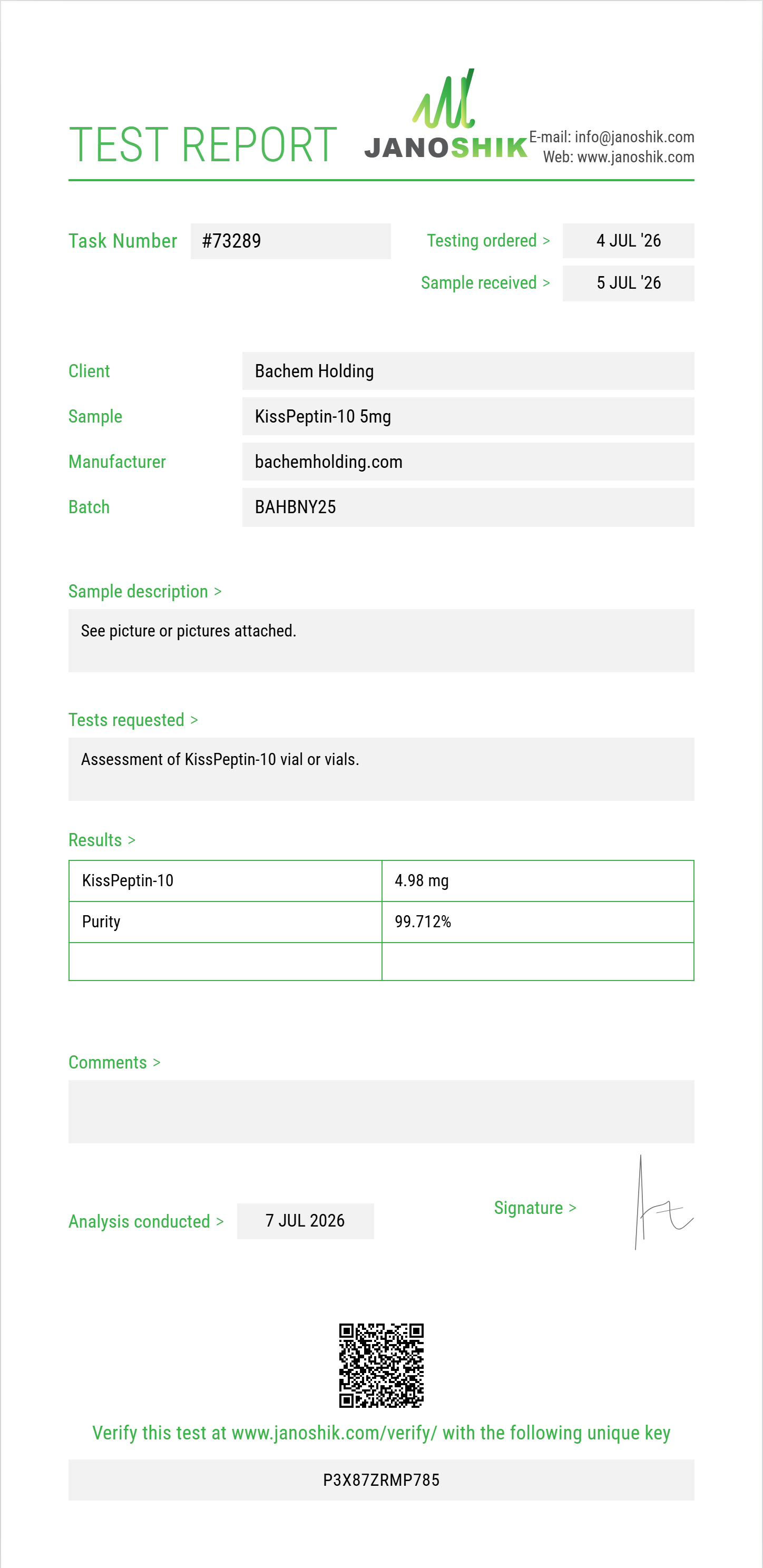 KissPeptin-10 Purity (HPLC) report by Janoshik Analytical